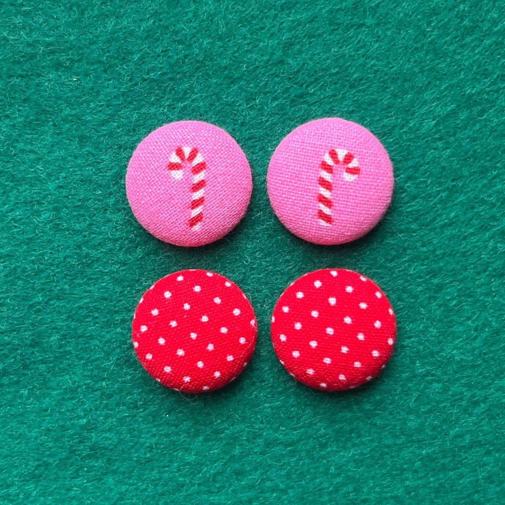 Retro Pink Christmas Button Stud Earring Set, Candy Cane Fabric Stud Earrings